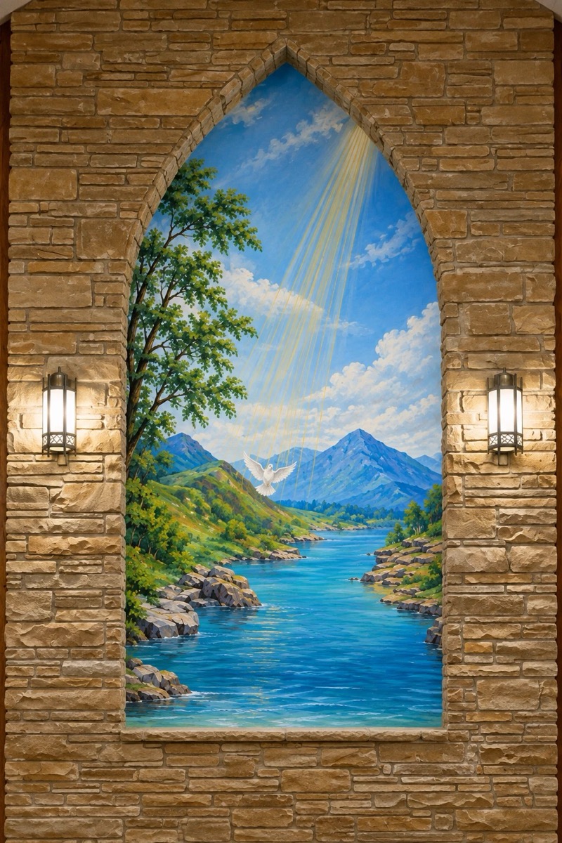 The painted mural behind the pulpit in the sanctuary: a river valley beneath sunbeams with a white dove in flight, framed in stone between two lanterns