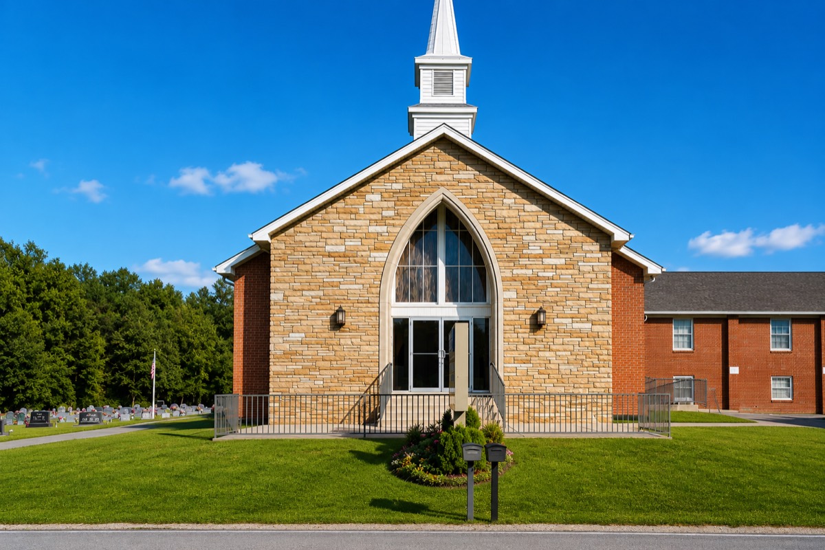 The front of Mt. Pleasant Baptist Church, its doors facing County Road 71