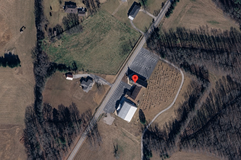Aerial view of the church on County Road 71, with parking on the north and south sides